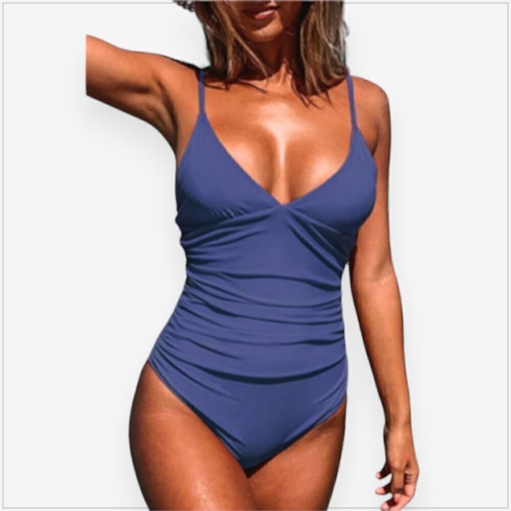 Cupshe Dark Blue Ruched Shirred Slimming One Piece Swimsuit Swimwear NWT NEW L